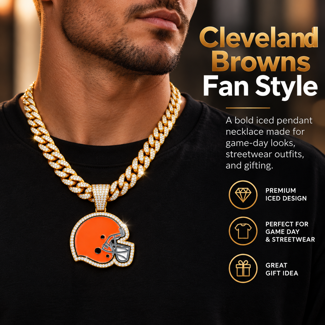 Cleveland Browns Necklace, Gold Iced Cuban Link Chain with Rhinestone Football Helmet Pendant, Football Fan Jewelry