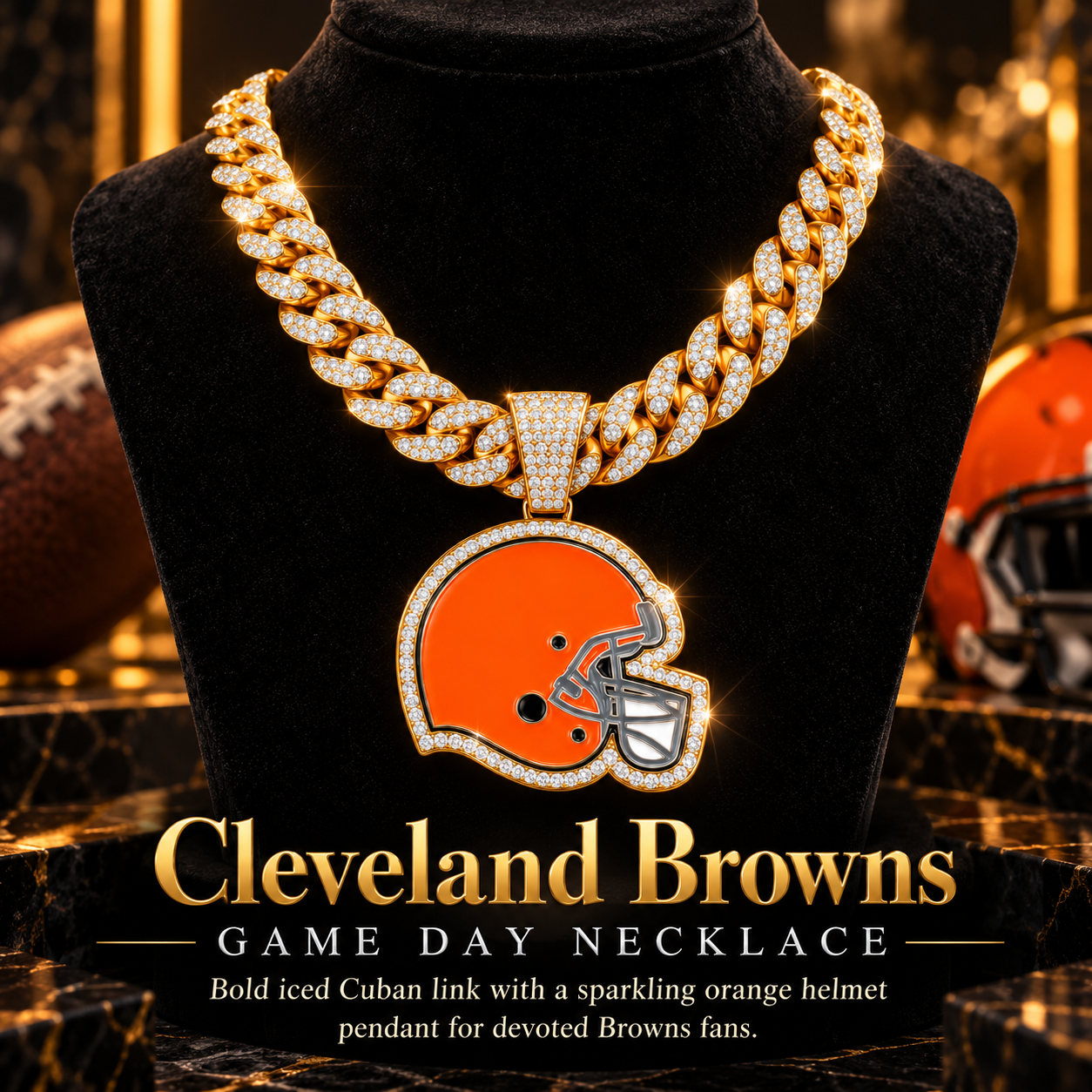 Cleveland Browns Necklace, Gold Iced Cuban Link Chain with Rhinestone Football Helmet Pendant, Football Fan Jewelry