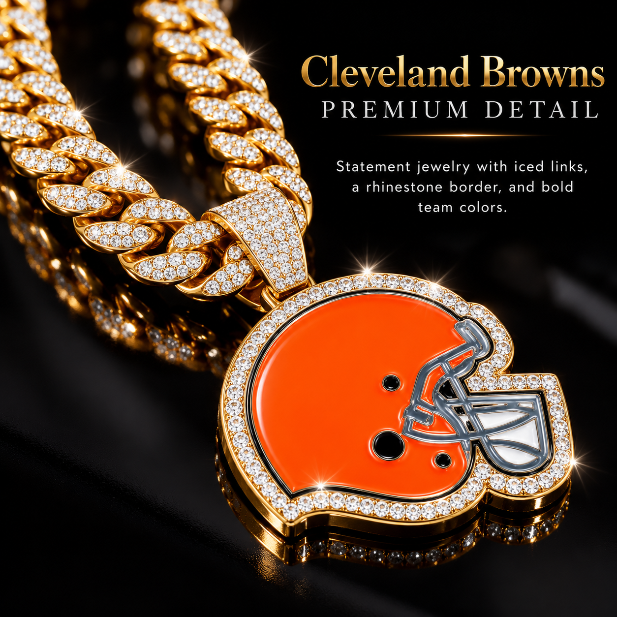 Cleveland Browns Necklace, Gold Iced Cuban Link Chain with Rhinestone Football Helmet Pendant, Football Fan Jewelry