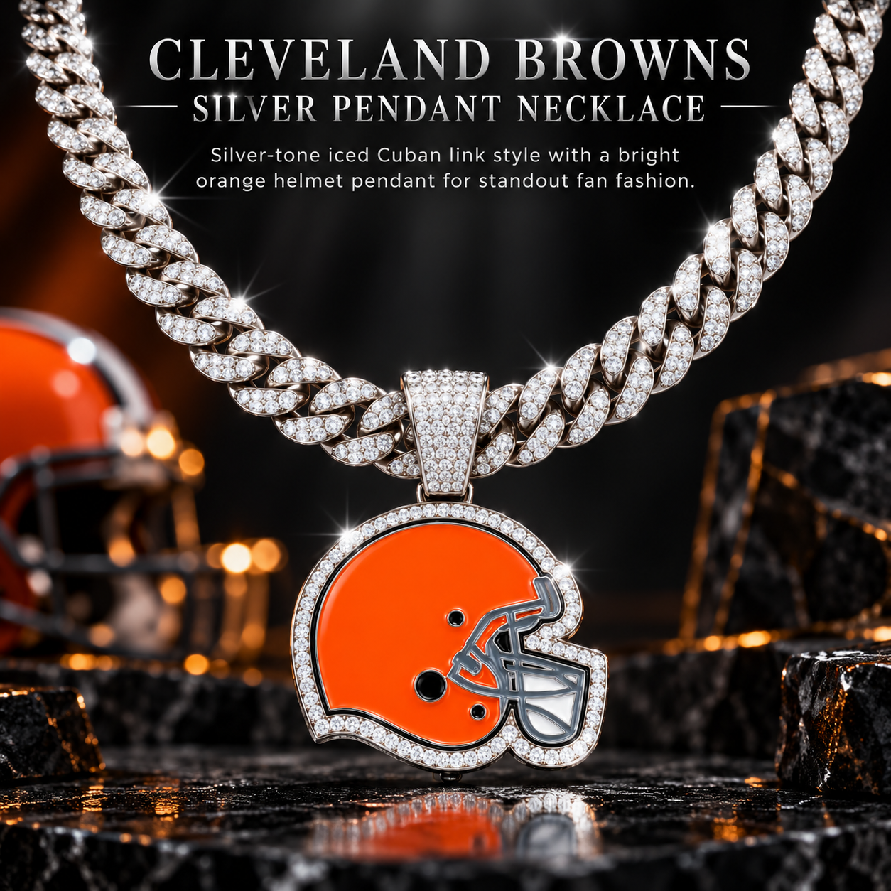 Cleveland Browns Necklace, Gold Iced Cuban Link Chain with Rhinestone Football Helmet Pendant, Football Fan Jewelry