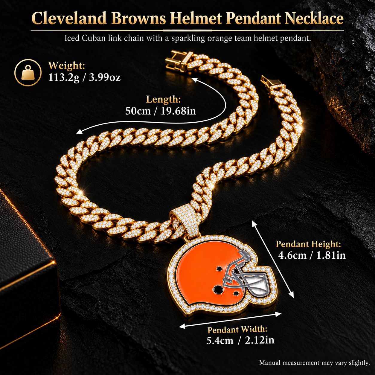 Cleveland Browns Necklace, Gold Iced Cuban Link Chain with Rhinestone Football Helmet Pendant, Football Fan Jewelry