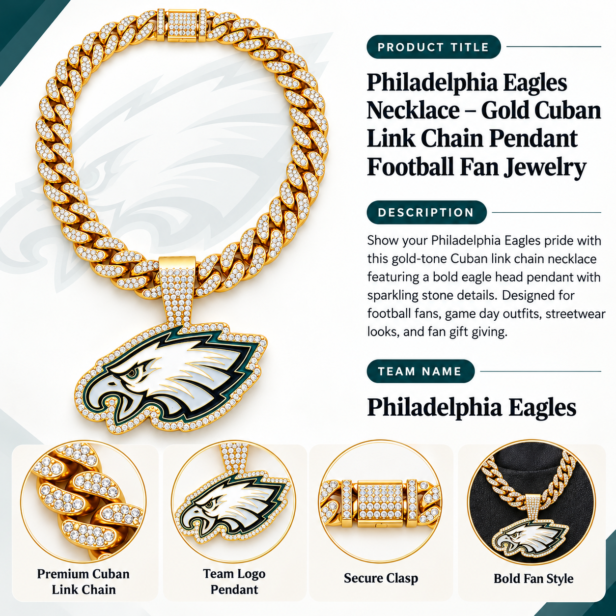 Philadelphia Eagles Necklace – Gold Cuban Link Chain Pendant for Football Fans
