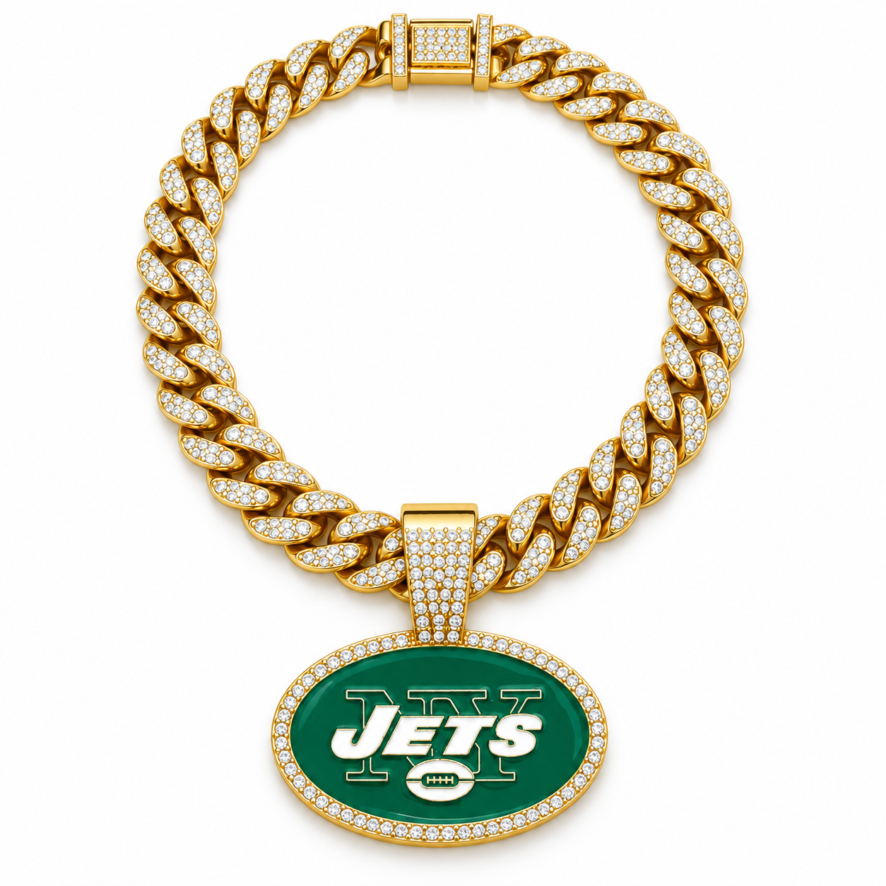 New York Jets Necklace, Gold Iced Cuban Link Chain with Rhinestone Oval Logo Pendant, Football Fan Jewelry