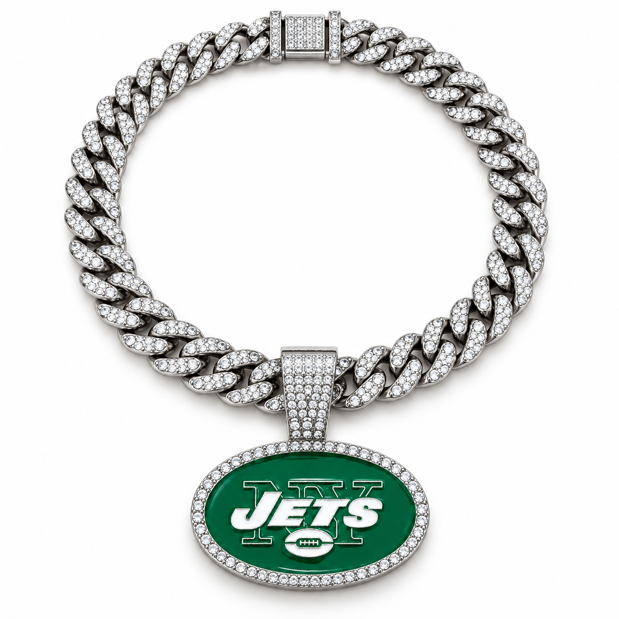 New York Jets Necklace, Gold Iced Cuban Link Chain with Rhinestone Oval Logo Pendant, Football Fan Jewelry