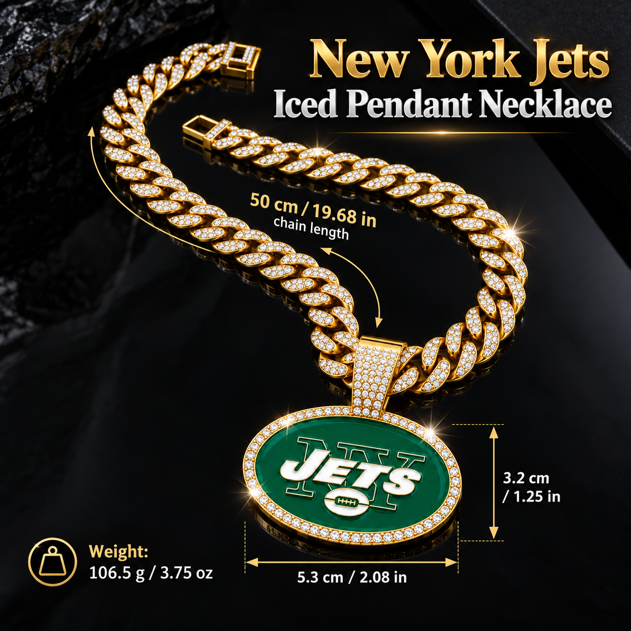 New York Jets Necklace, Gold Iced Cuban Link Chain with Rhinestone Oval Logo Pendant, Football Fan Jewelry