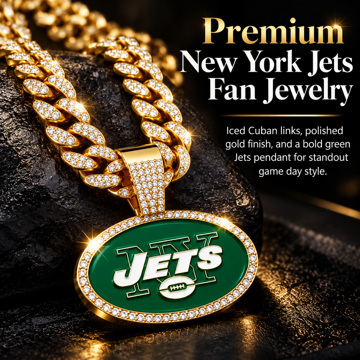 New York Jets Necklace, Gold Iced Cuban Link Chain with Rhinestone Oval Logo Pendant, Football Fan Jewelry