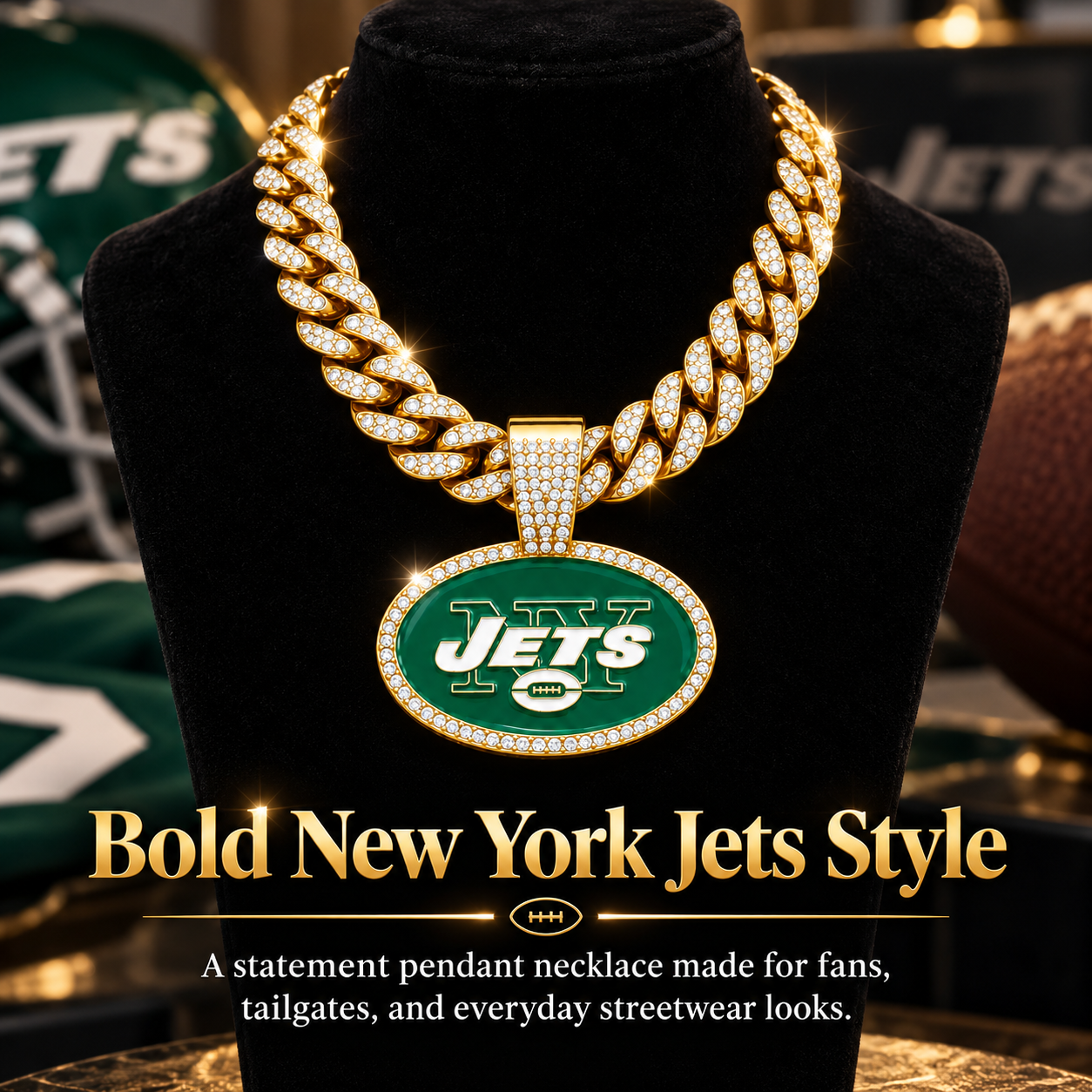 New York Jets Necklace, Gold Iced Cuban Link Chain with Rhinestone Oval Logo Pendant, Football Fan Jewelry