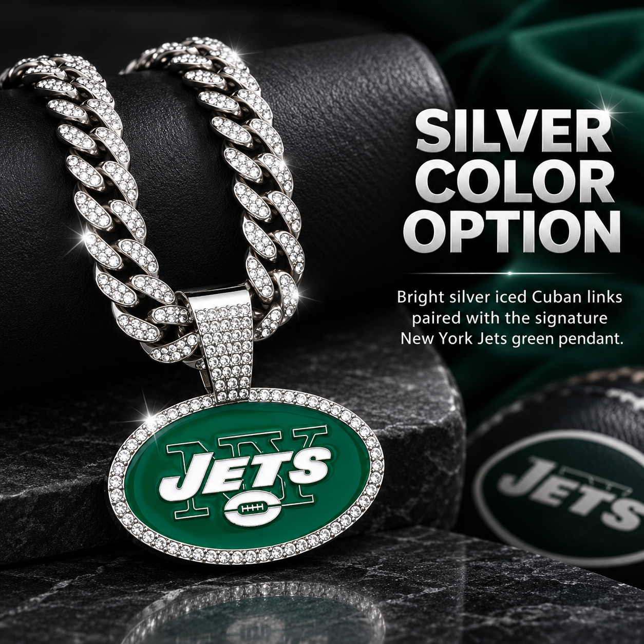 New York Jets Necklace, Gold Iced Cuban Link Chain with Rhinestone Oval Logo Pendant, Football Fan Jewelry