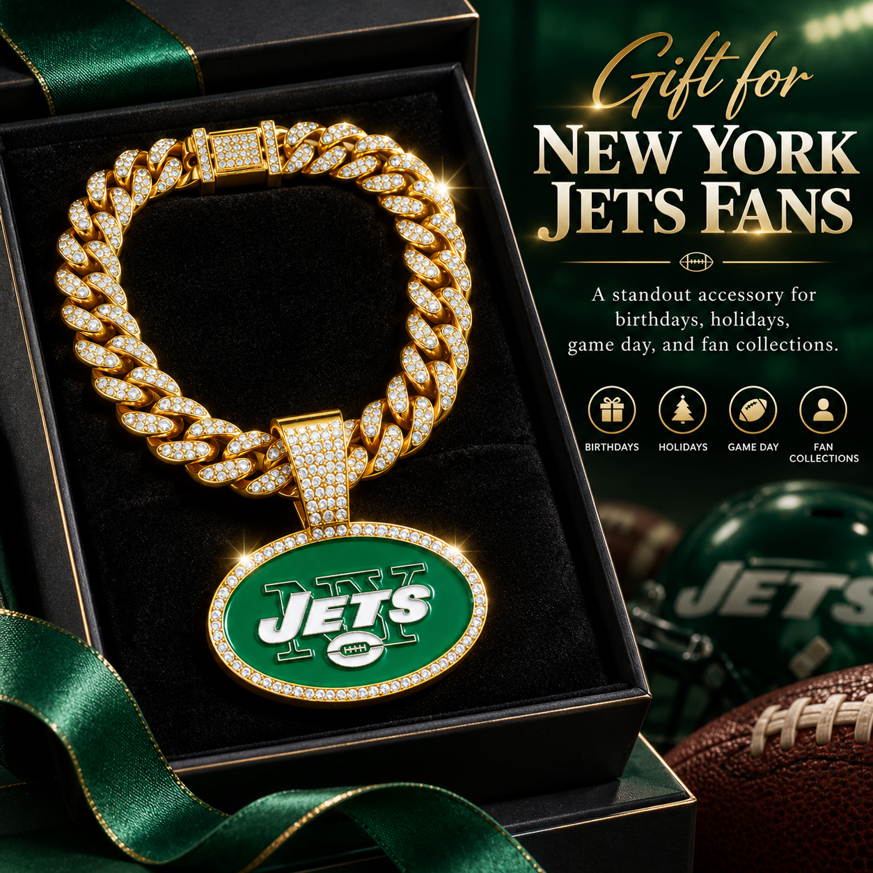 New York Jets Necklace, Gold Iced Cuban Link Chain with Rhinestone Oval Logo Pendant, Football Fan Jewelry