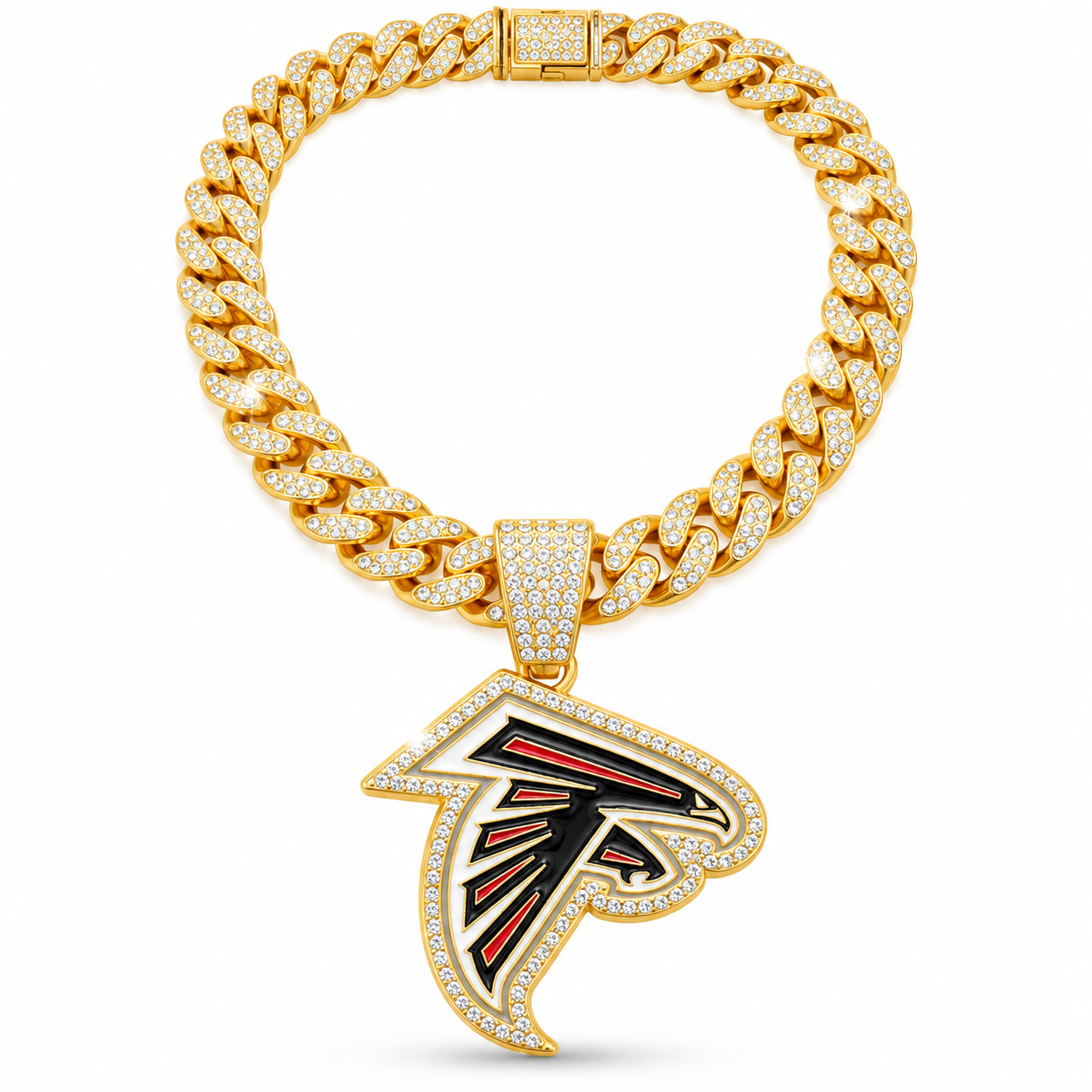 Atlanta Falcons Necklace, Gold Iced Cuban Link Chain with Rhinestone Falcon Head Pendant, Football Fan Jewelry