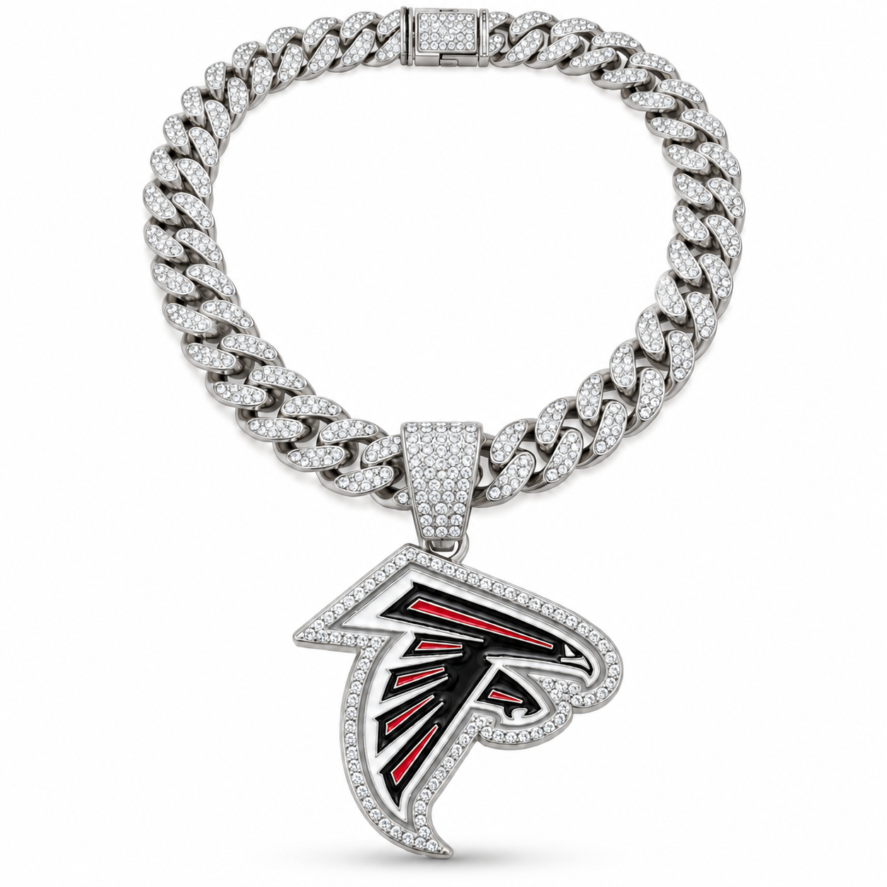 Atlanta Falcons Necklace, Gold Iced Cuban Link Chain with Rhinestone Falcon Head Pendant, Football Fan Jewelry