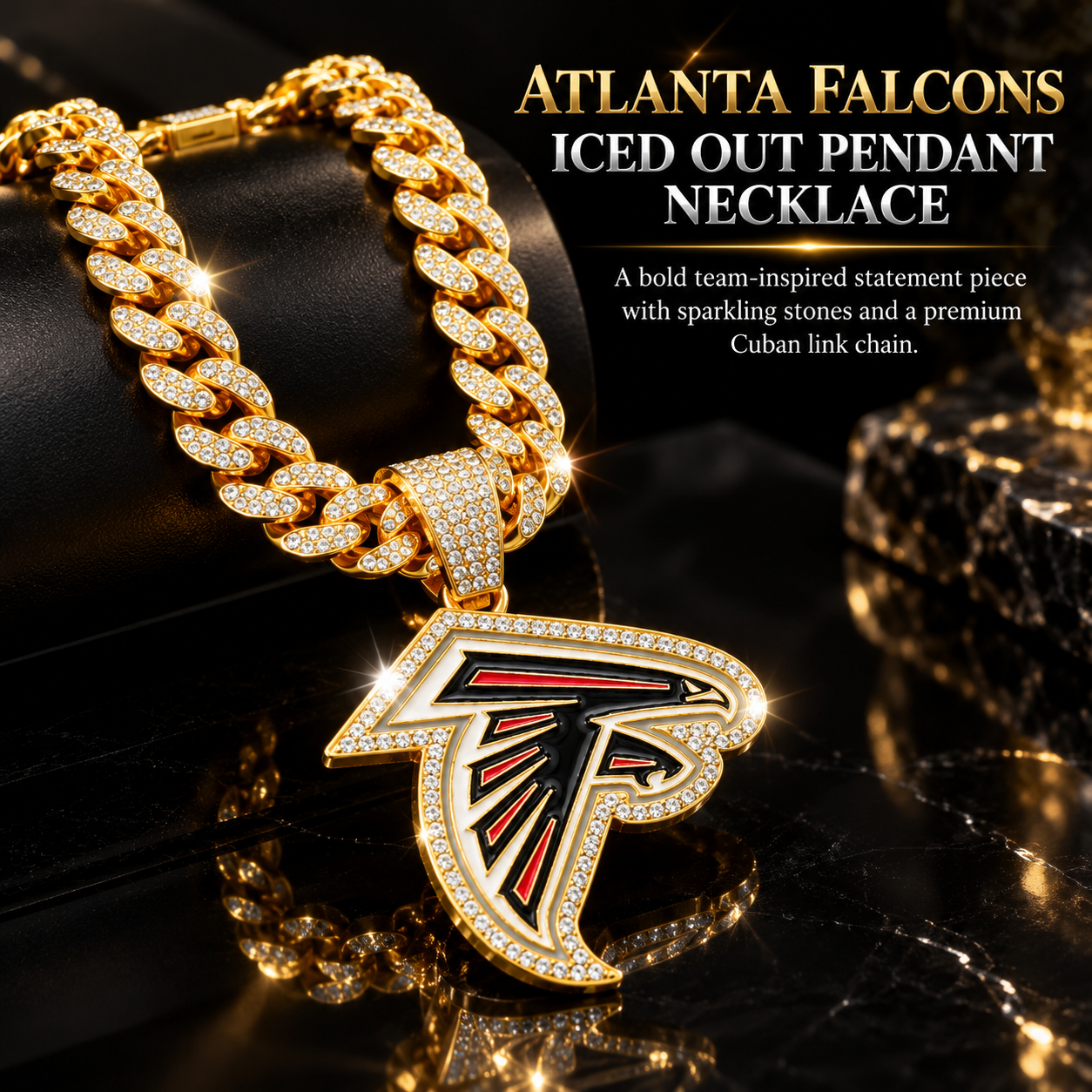 Atlanta Falcons Necklace, Gold Iced Cuban Link Chain with Rhinestone Falcon Head Pendant, Football Fan Jewelry