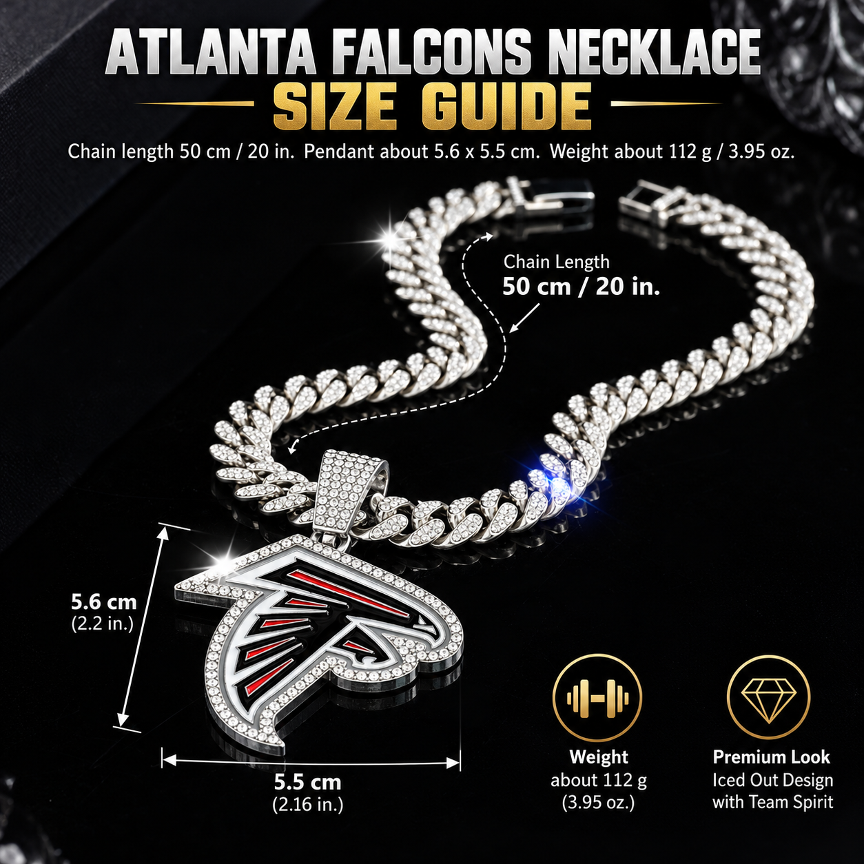 Atlanta Falcons Necklace, Gold Iced Cuban Link Chain with Rhinestone Falcon Head Pendant, Football Fan Jewelry