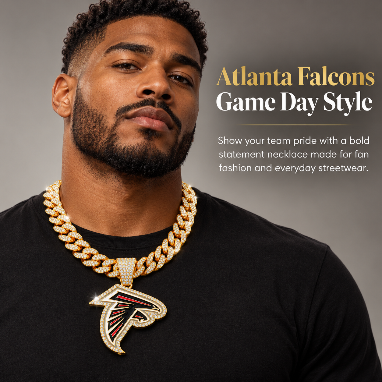Atlanta Falcons Necklace, Gold Iced Cuban Link Chain with Rhinestone Falcon Head Pendant, Football Fan Jewelry