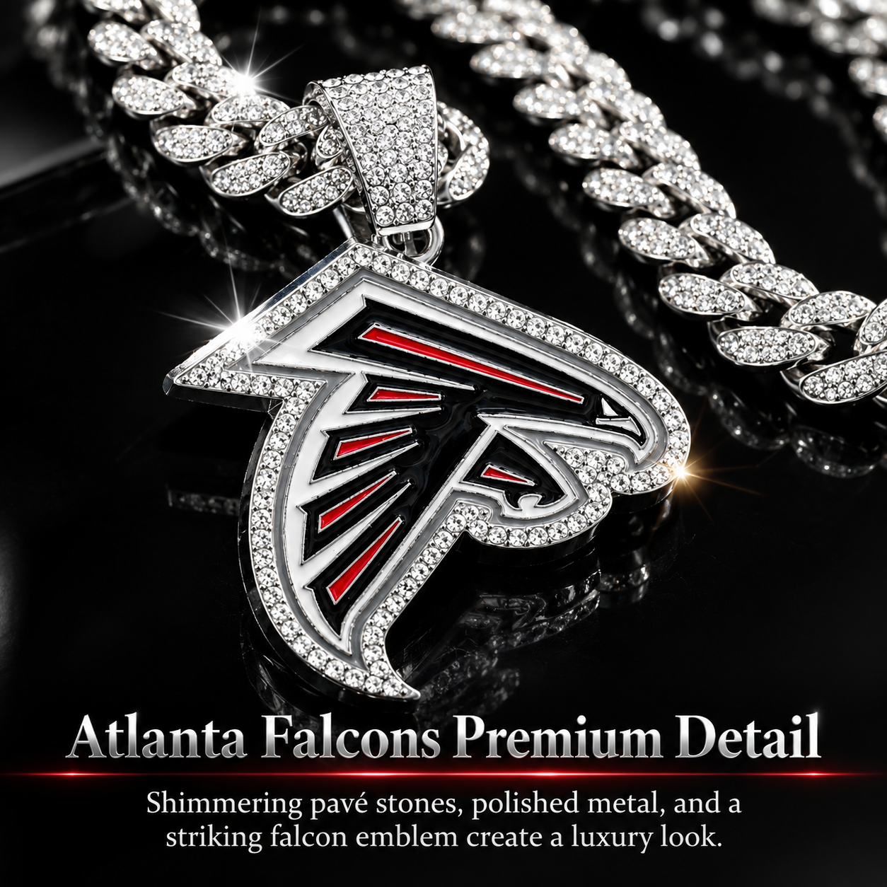 Atlanta Falcons Necklace, Gold Iced Cuban Link Chain with Rhinestone Falcon Head Pendant, Football Fan Jewelry