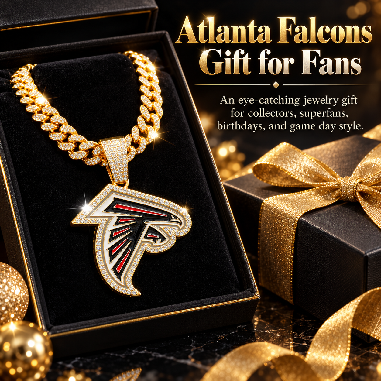 Atlanta Falcons Necklace, Gold Iced Cuban Link Chain with Rhinestone Falcon Head Pendant, Football Fan Jewelry