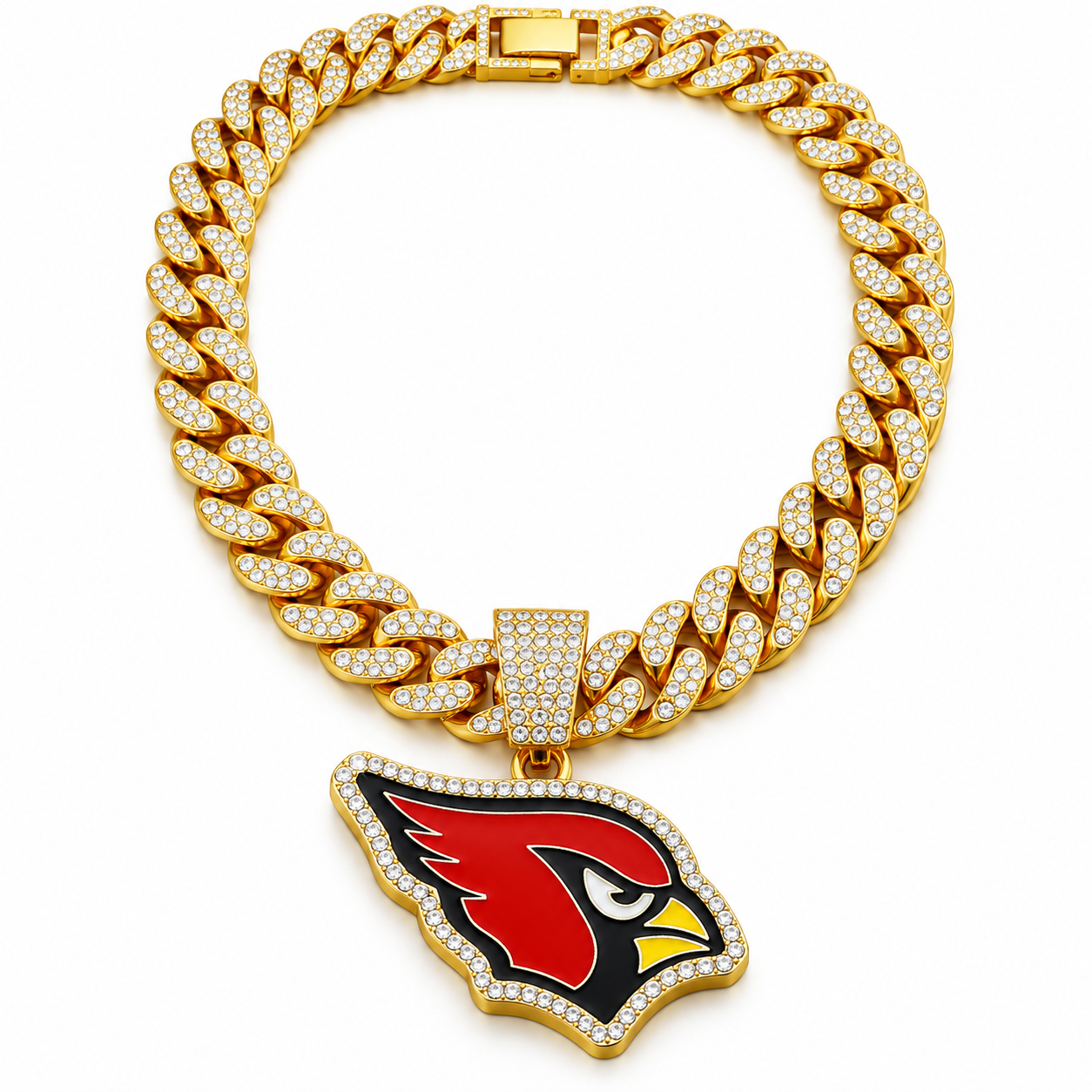 Arizona Cardinals Necklace, Gold Iced Cuban Link Chain with Rhinestone Cardinal Head Pendant, Football Fan Jewelry
