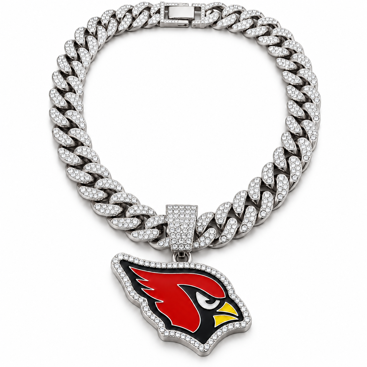 Arizona Cardinals Necklace, Gold Iced Cuban Link Chain with Rhinestone Cardinal Head Pendant, Football Fan Jewelry