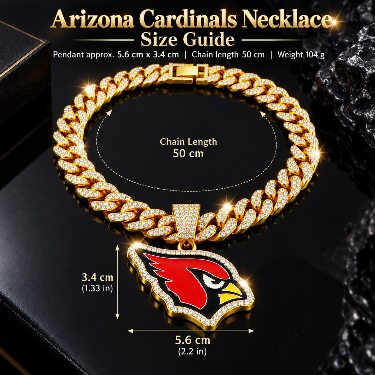 Arizona Cardinals Necklace, Gold Iced Cuban Link Chain with Rhinestone Cardinal Head Pendant, Football Fan Jewelry