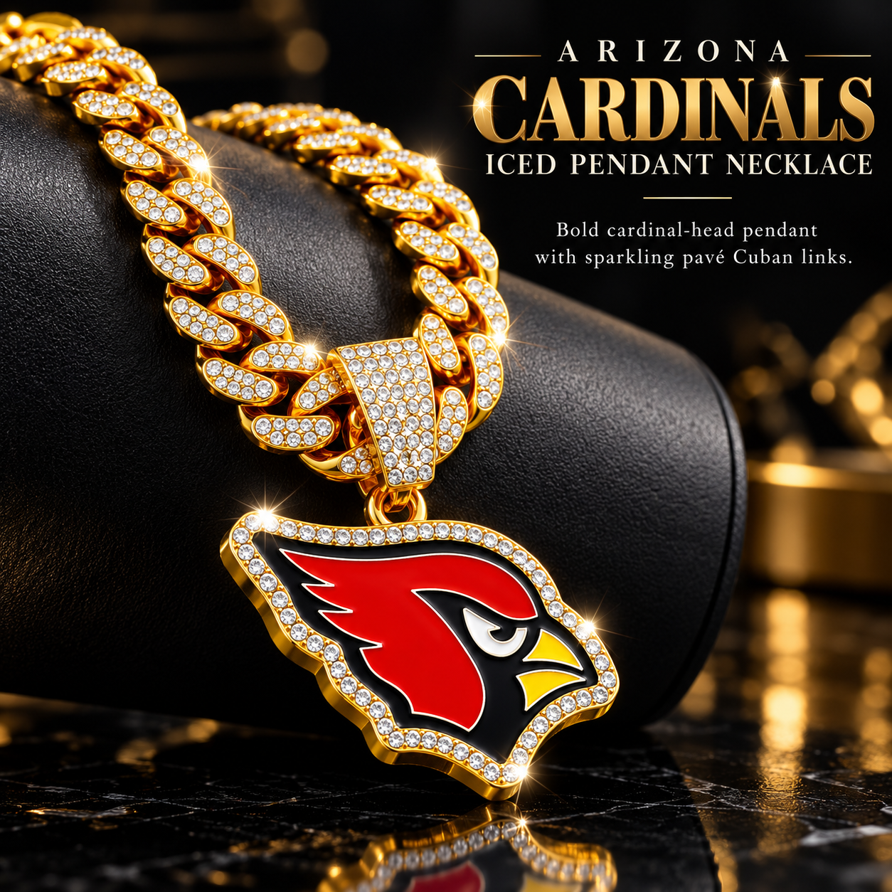 Arizona Cardinals Necklace, Gold Iced Cuban Link Chain with Rhinestone Cardinal Head Pendant, Football Fan Jewelry