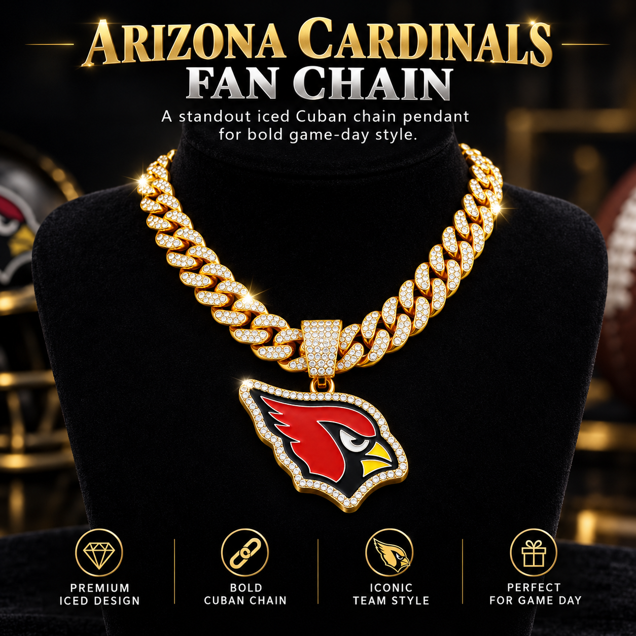 Arizona Cardinals Necklace, Gold Iced Cuban Link Chain with Rhinestone Cardinal Head Pendant, Football Fan Jewelry