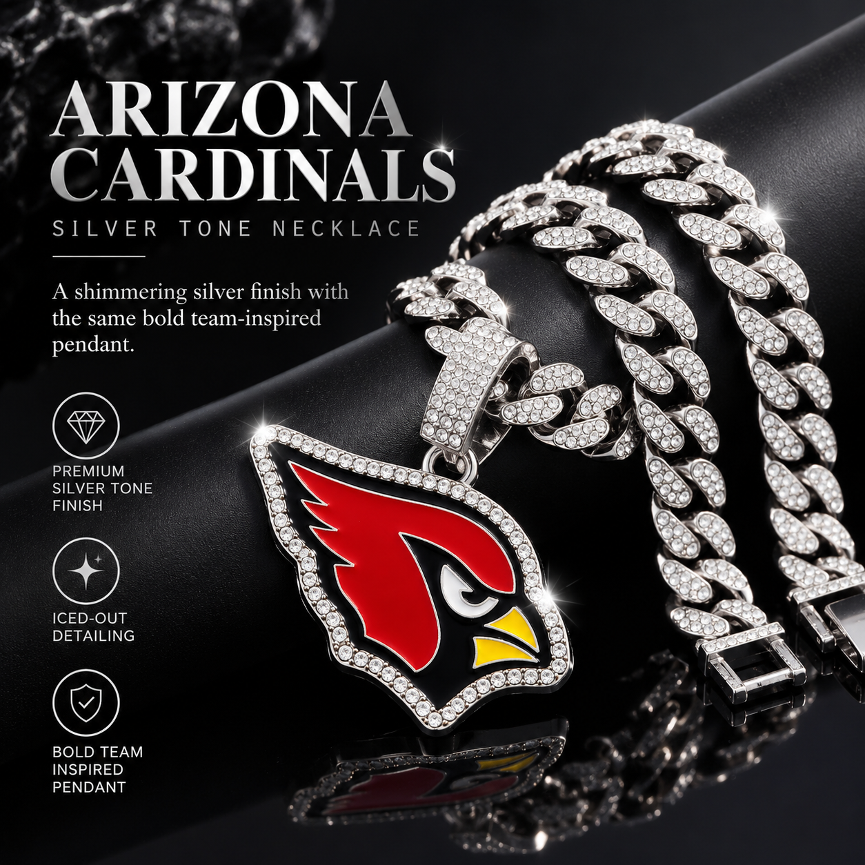 Arizona Cardinals Necklace, Gold Iced Cuban Link Chain with Rhinestone Cardinal Head Pendant, Football Fan Jewelry