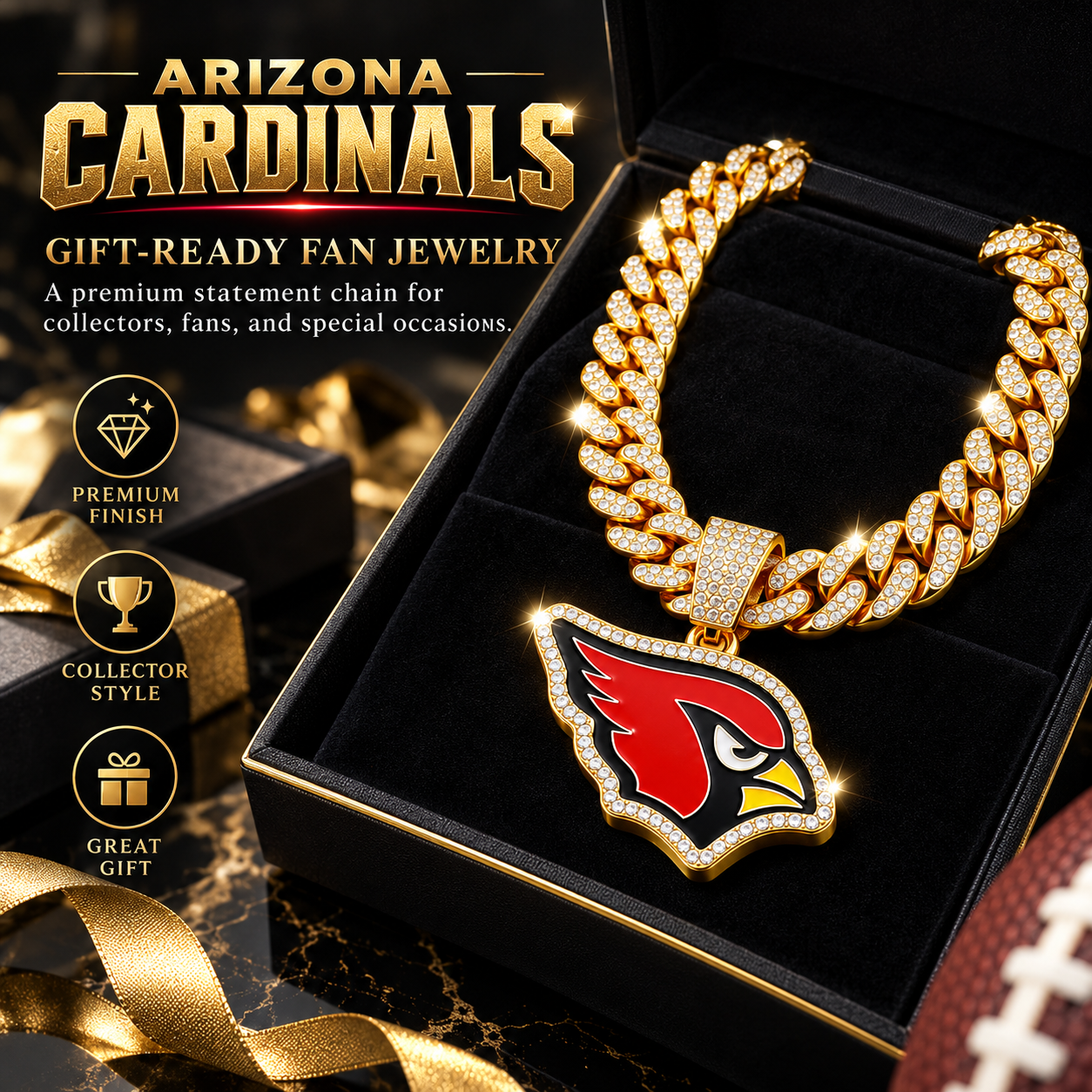 Arizona Cardinals Necklace, Gold Iced Cuban Link Chain with Rhinestone Cardinal Head Pendant, Football Fan Jewelry