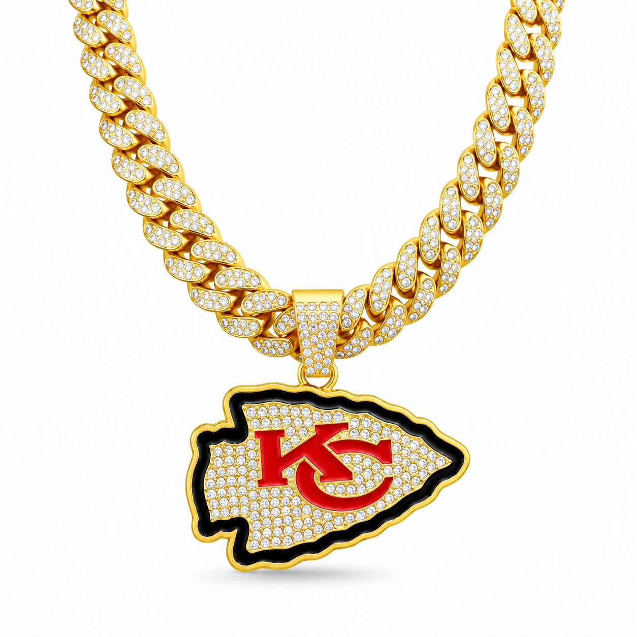 Kansas City Chiefs Necklace, Gold Iced Cuban Link Chain with Rhinestone Arrowhead Pendant, Football Fan Jewelry