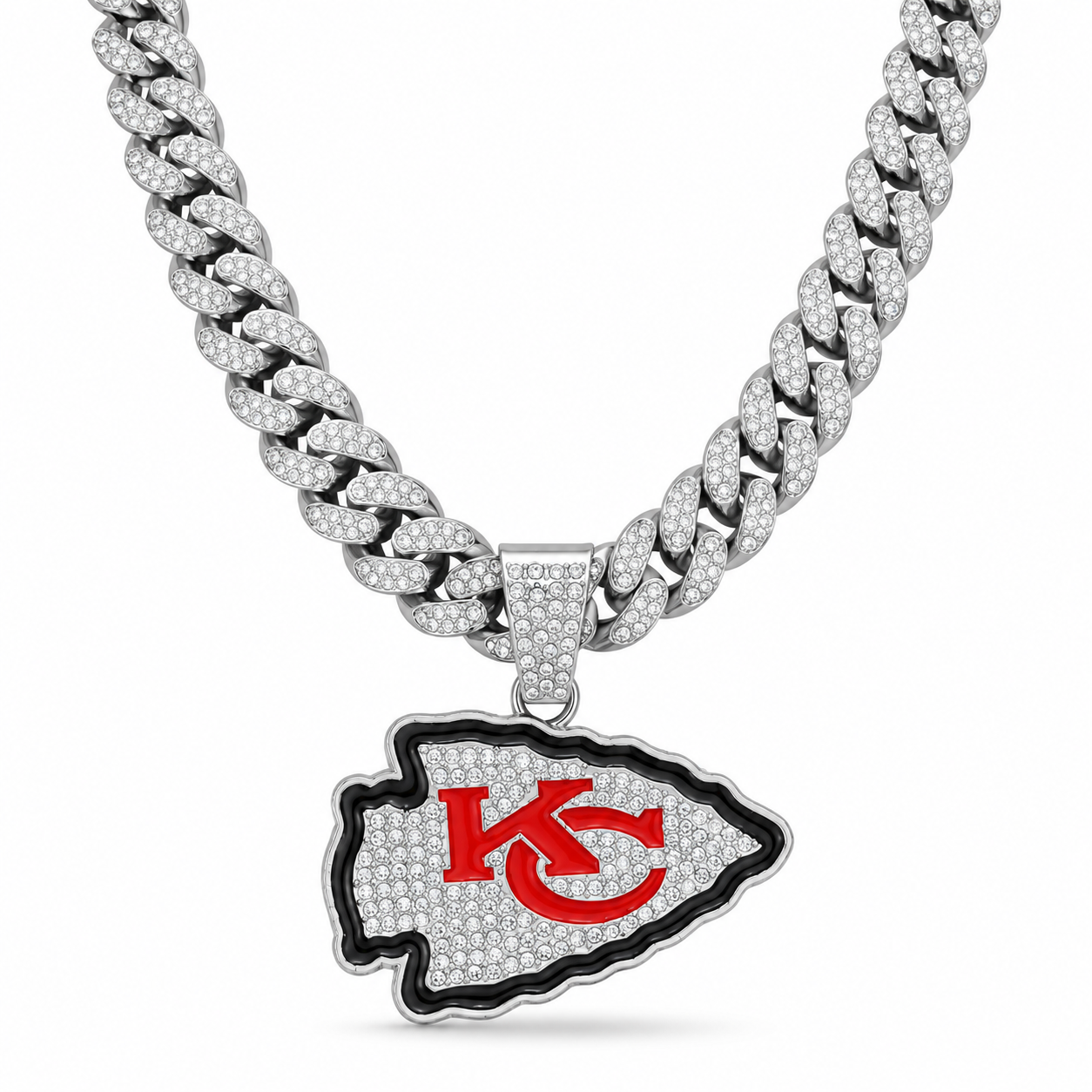 Kansas City Chiefs Necklace, Gold Iced Cuban Link Chain with Rhinestone Arrowhead Pendant, Football Fan Jewelry