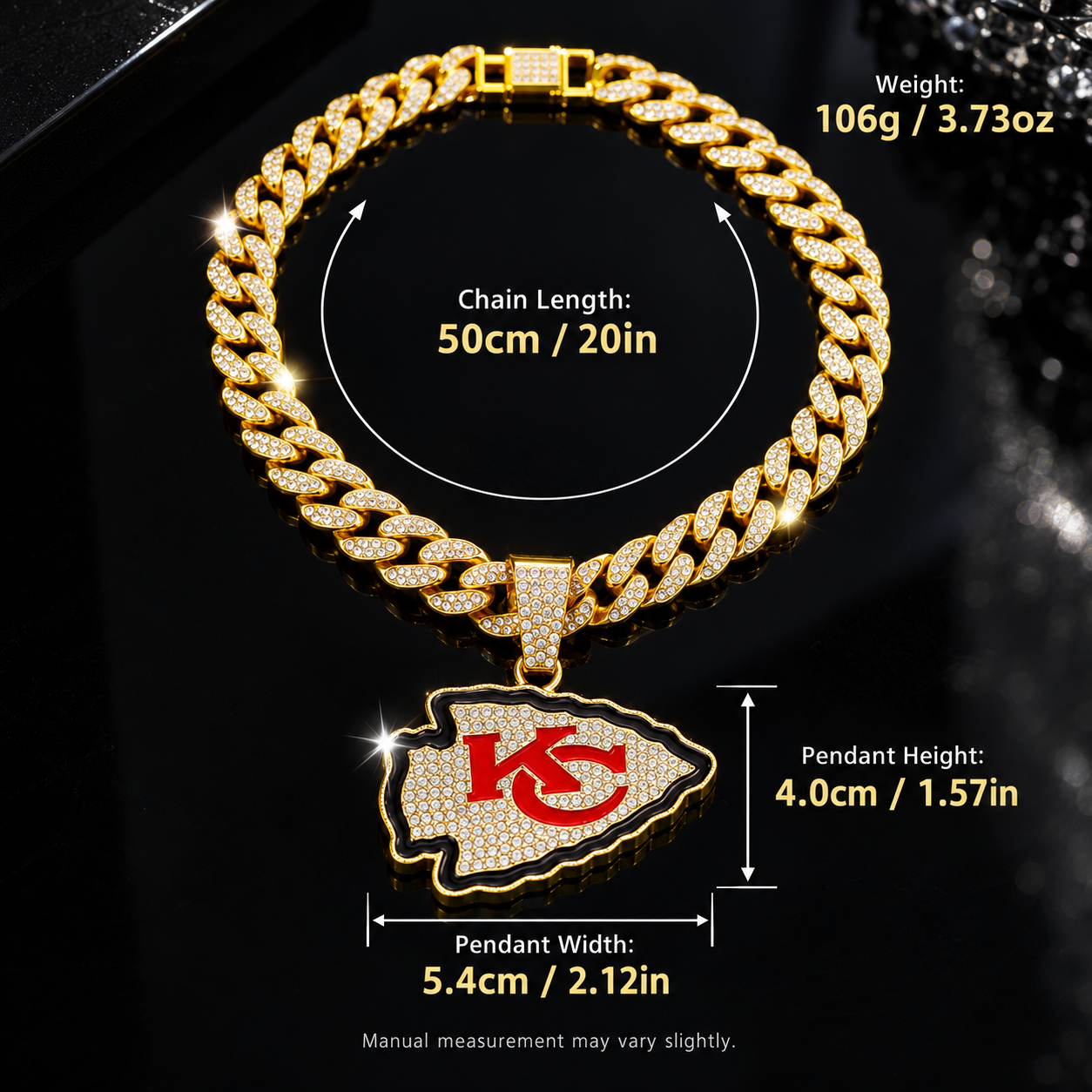 Kansas City Chiefs Necklace, Gold Iced Cuban Link Chain with Rhinestone Arrowhead Pendant, Football Fan Jewelry