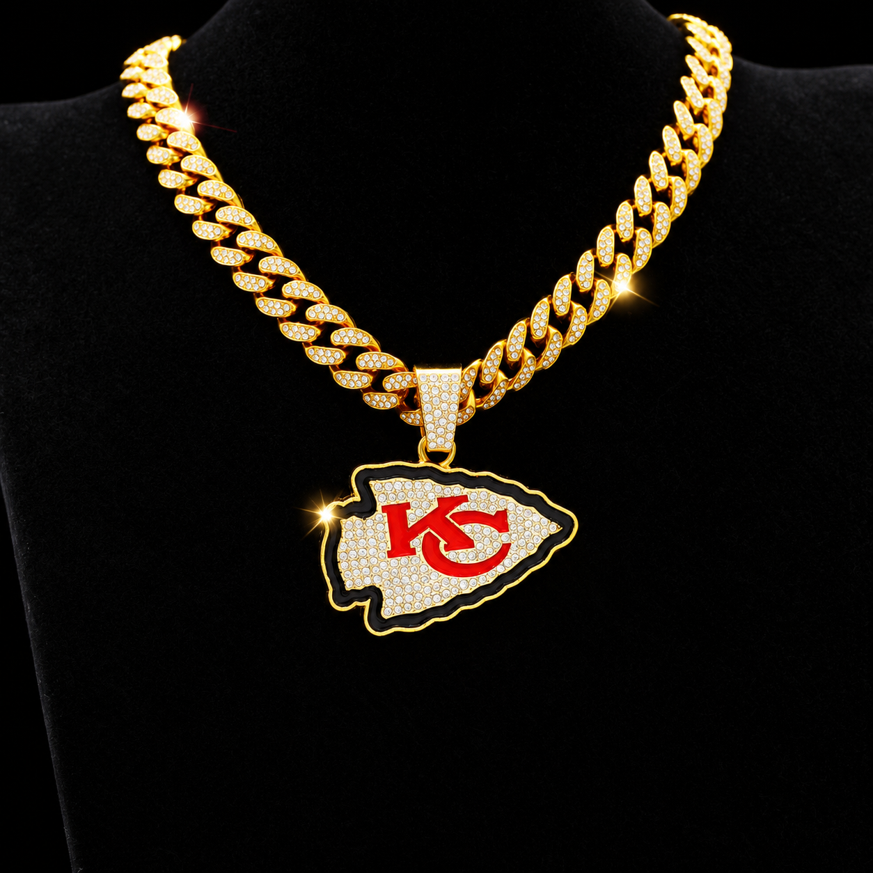 Kansas City Chiefs Necklace, Gold Iced Cuban Link Chain with Rhinestone Arrowhead Pendant, Football Fan Jewelry
