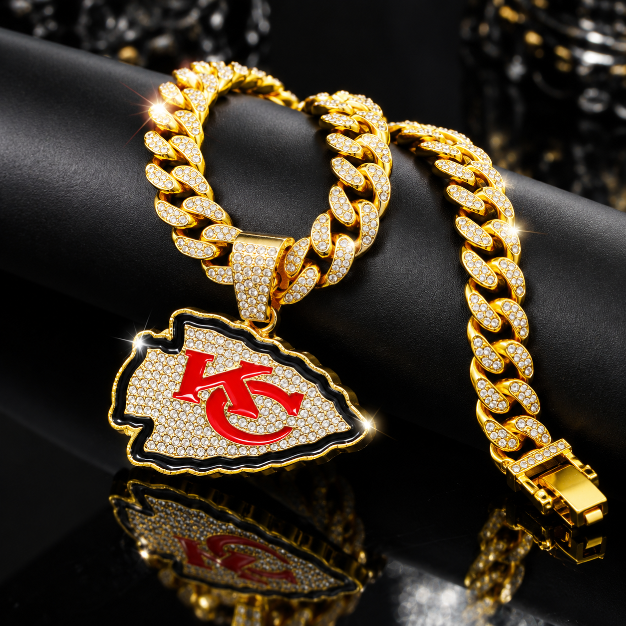Kansas City Chiefs Necklace, Gold Iced Cuban Link Chain with Rhinestone Arrowhead Pendant, Football Fan Jewelry