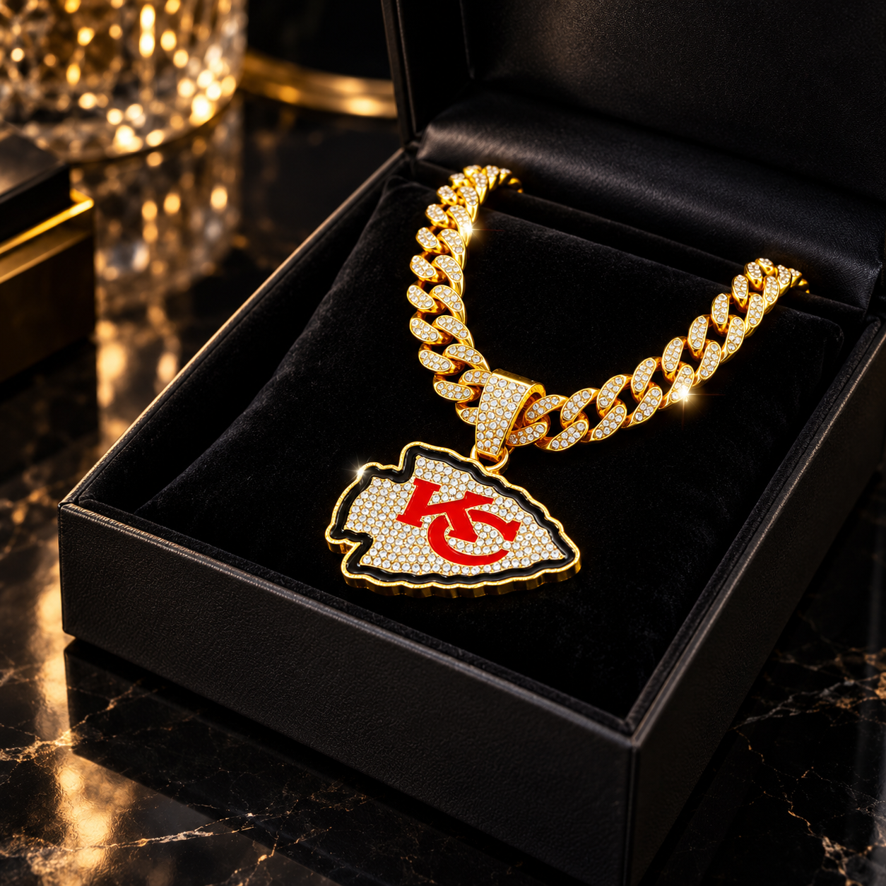 Kansas City Chiefs Necklace, Gold Iced Cuban Link Chain with Rhinestone Arrowhead Pendant, Football Fan Jewelry