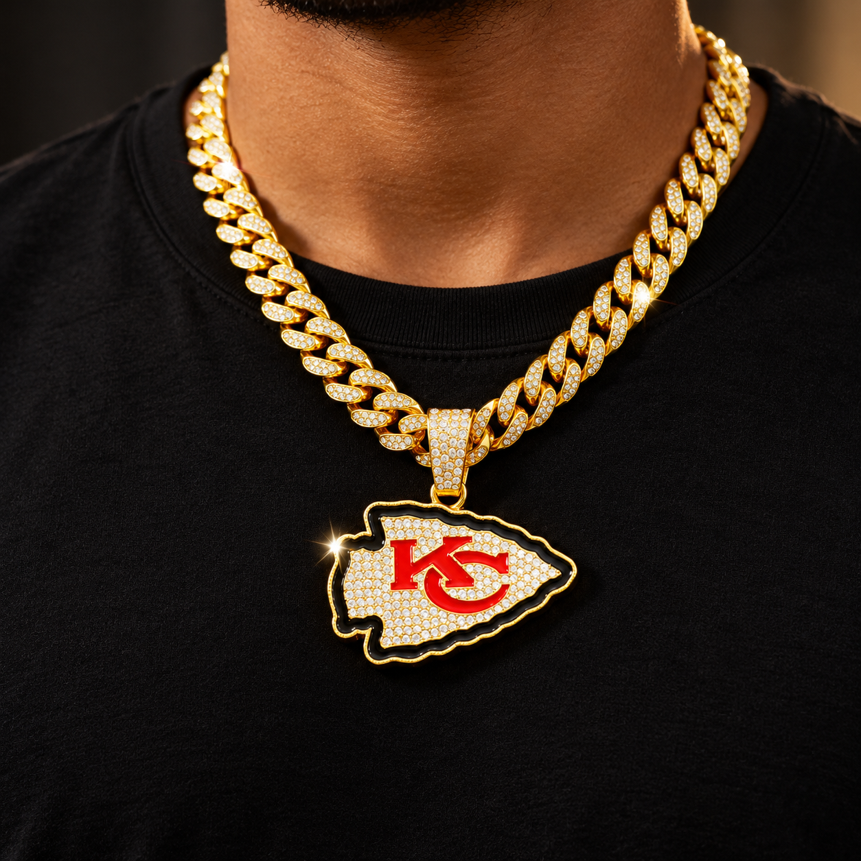 Kansas City Chiefs Necklace, Gold Iced Cuban Link Chain with Rhinestone Arrowhead Pendant, Football Fan Jewelry