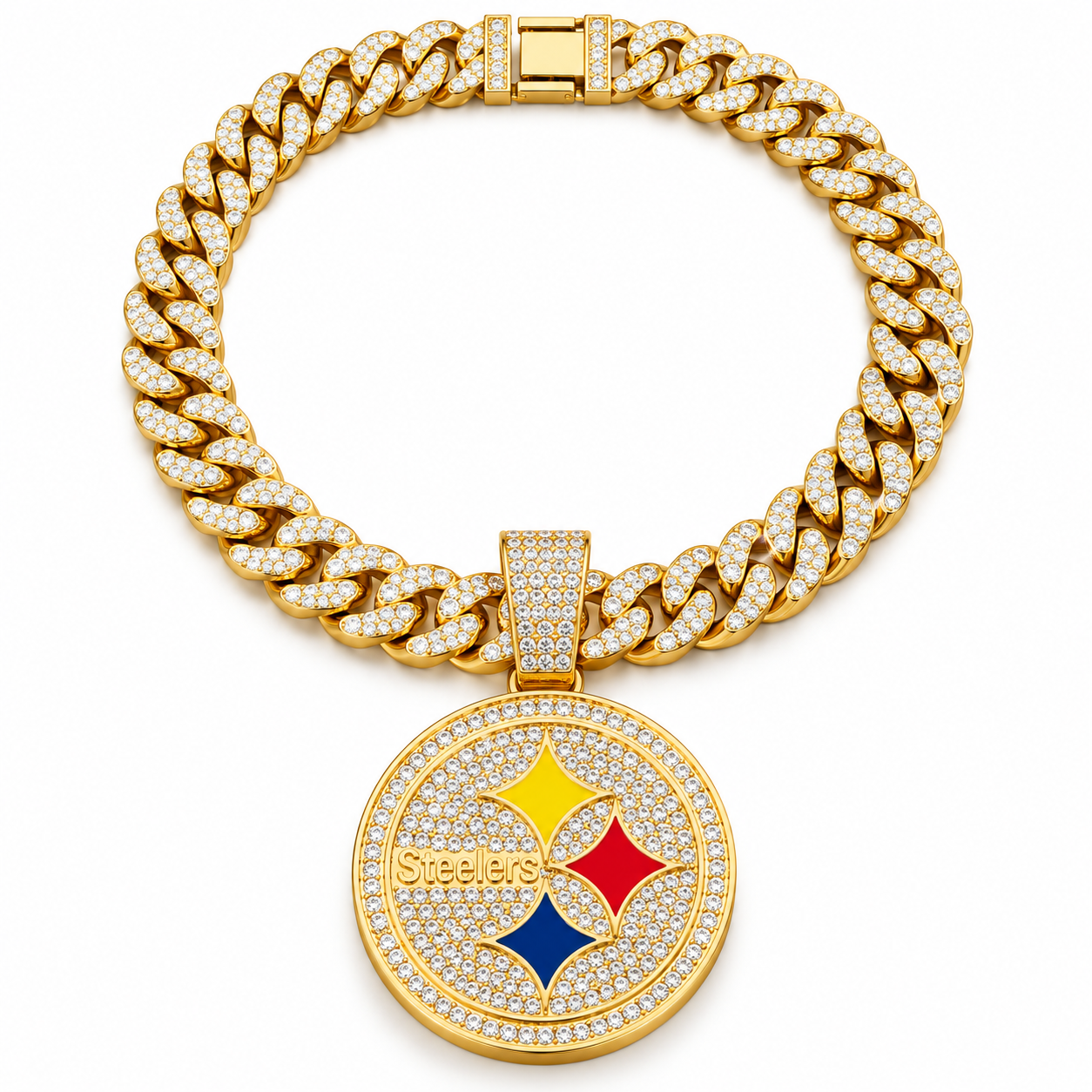 Pittsburgh Steelers Necklace, Gold Iced Cuban Link Chain with Rhinestone Round Team Pendant, Football Fan Jewelry
