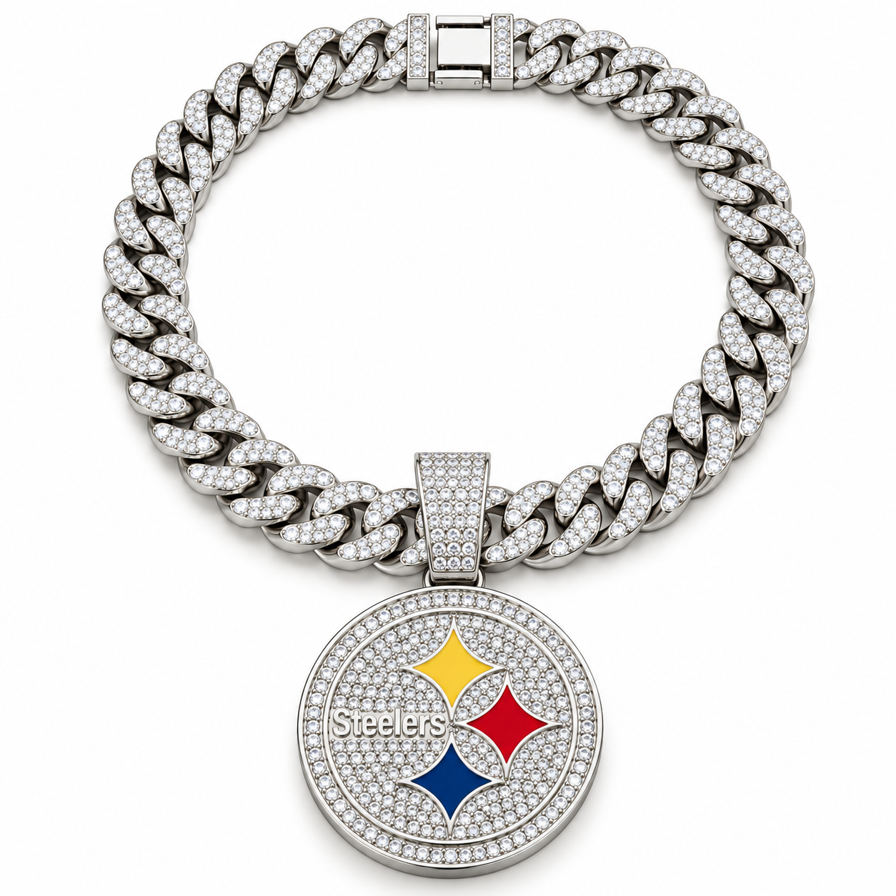 Pittsburgh Steelers Necklace, Gold Iced Cuban Link Chain with Rhinestone Round Team Pendant, Football Fan Jewelry
