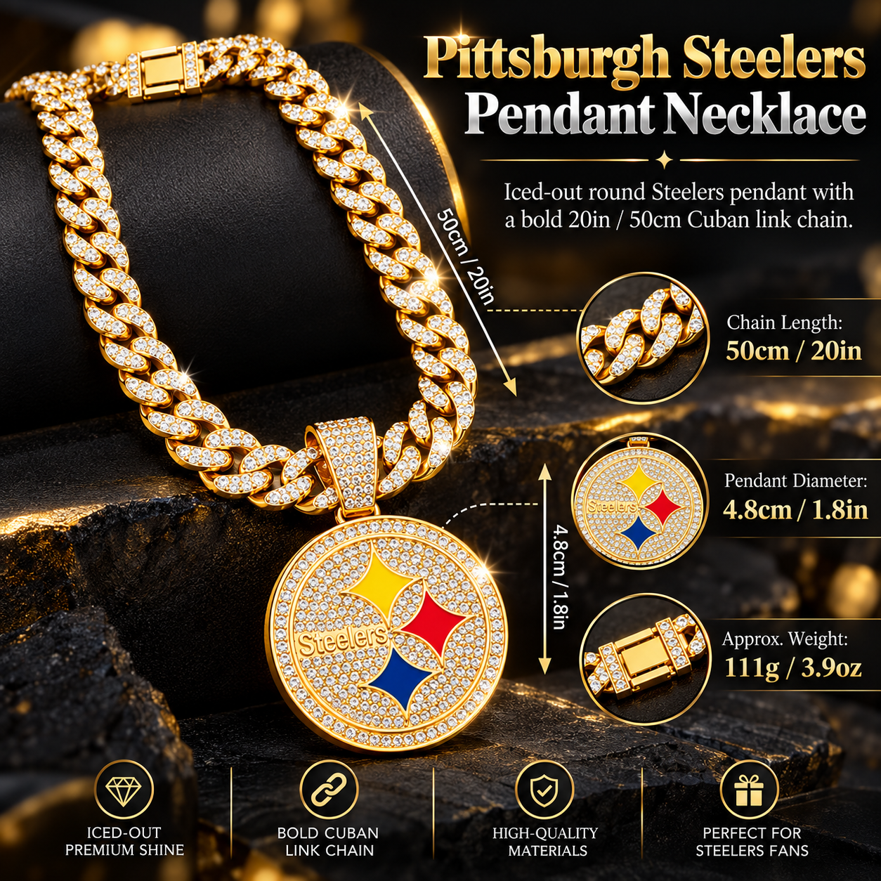 Pittsburgh Steelers Necklace, Gold Iced Cuban Link Chain with Rhinestone Round Team Pendant, Football Fan Jewelry
