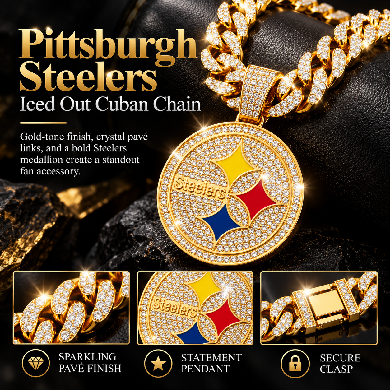 Pittsburgh Steelers Necklace, Gold Iced Cuban Link Chain with Rhinestone Round Team Pendant, Football Fan Jewelry