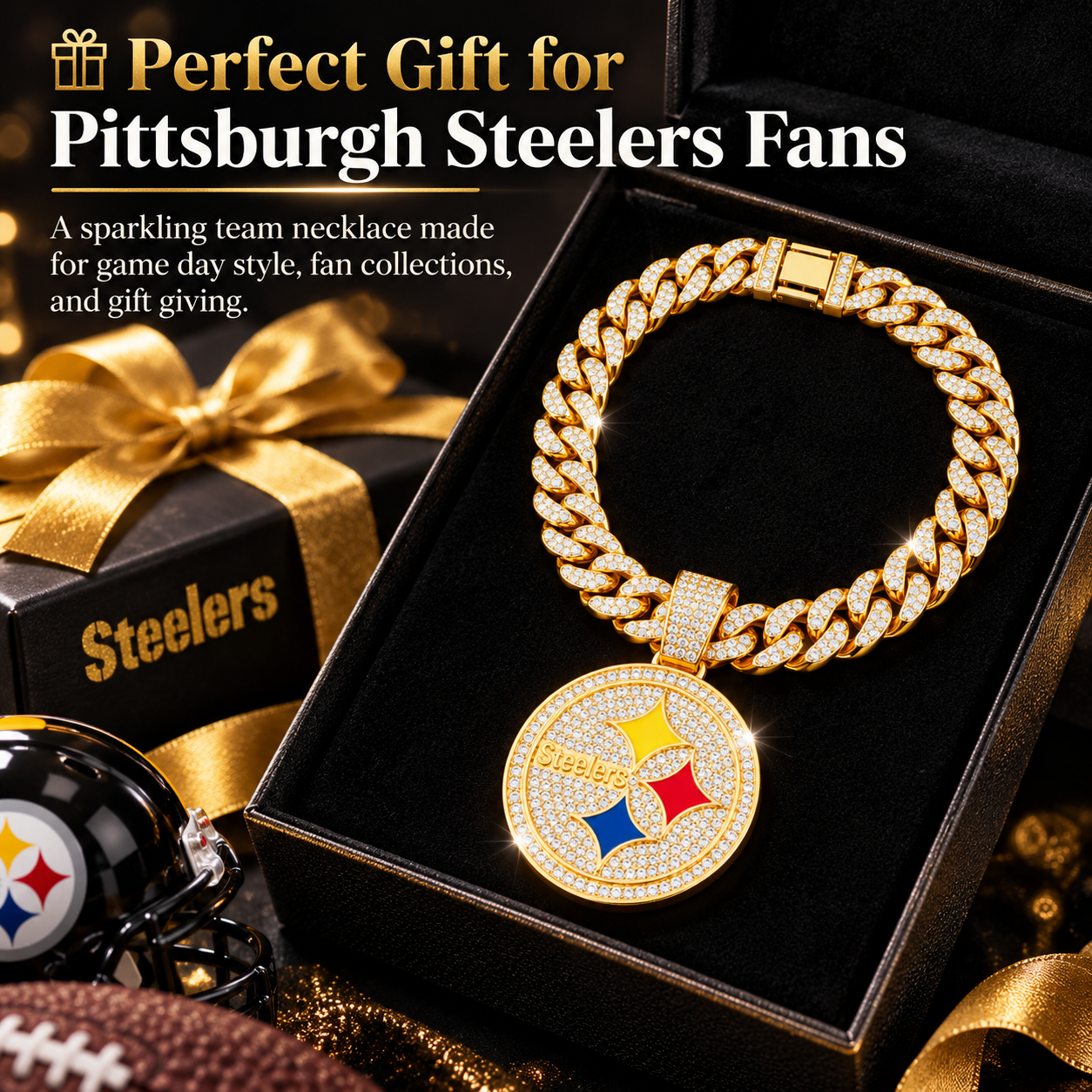 Pittsburgh Steelers Necklace, Gold Iced Cuban Link Chain with Rhinestone Round Team Pendant, Football Fan Jewelry