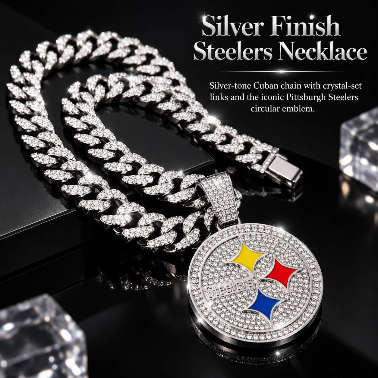 Pittsburgh Steelers Necklace, Gold Iced Cuban Link Chain with Rhinestone Round Team Pendant, Football Fan Jewelry