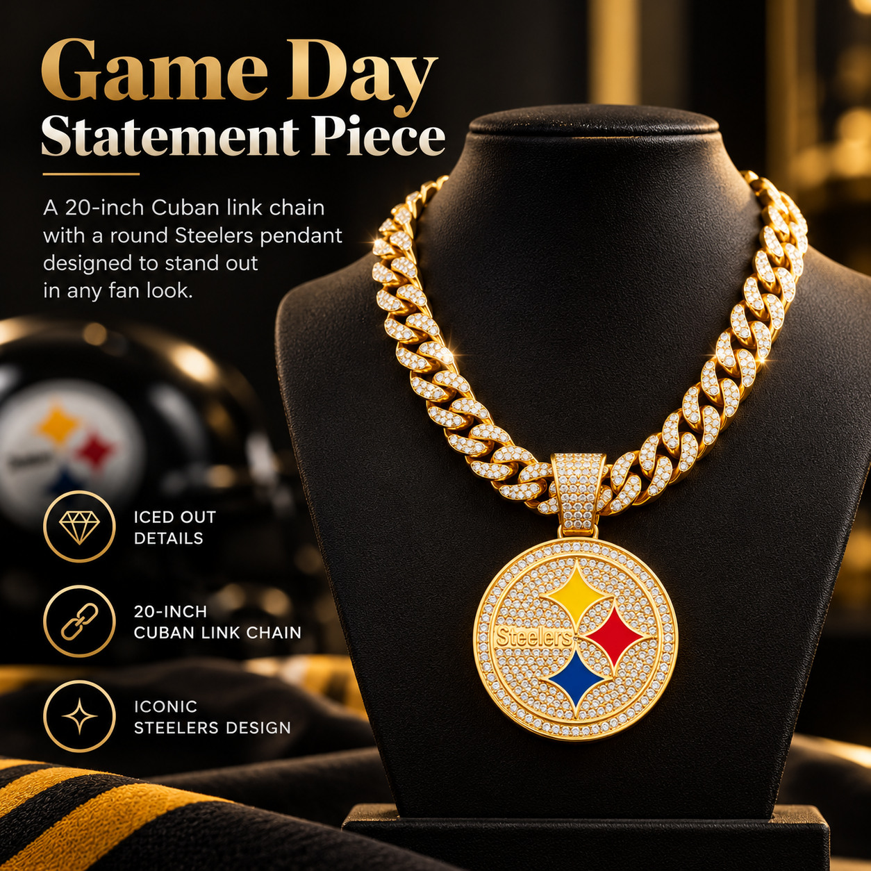 Pittsburgh Steelers Necklace, Gold Iced Cuban Link Chain with Rhinestone Round Team Pendant, Football Fan Jewelry