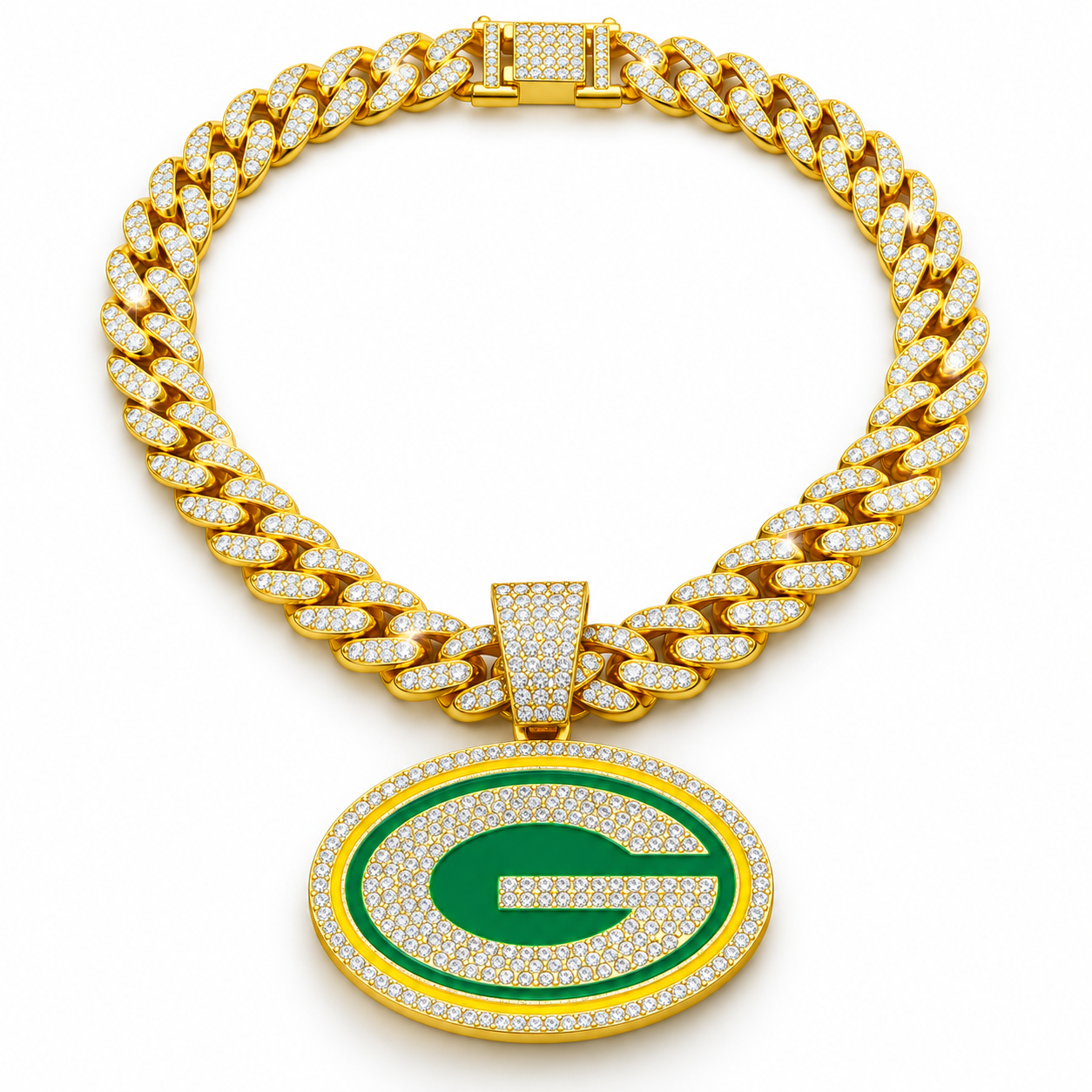 Green Bay Packers Necklace, Gold Iced Cuban Link Chain with Rhinestone Green G Pendant, Football Fan Jewelry