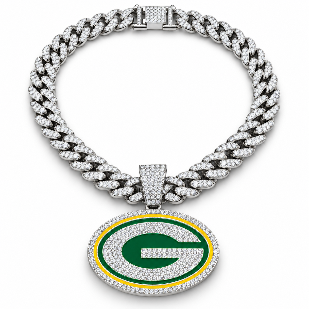 Green Bay Packers Necklace, Gold Iced Cuban Link Chain with Rhinestone Green G Pendant, Football Fan Jewelry