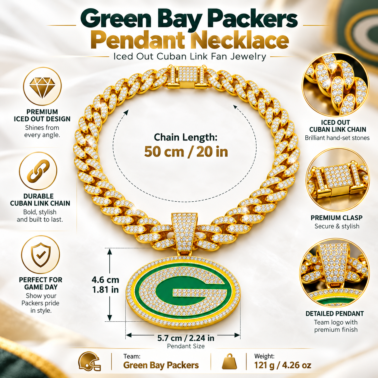 Green Bay Packers Necklace, Gold Iced Cuban Link Chain with Rhinestone Green G Pendant, Football Fan Jewelry