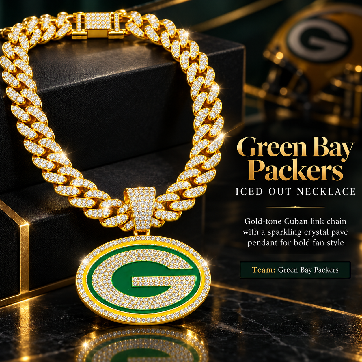 Green Bay Packers Necklace, Gold Iced Cuban Link Chain with Rhinestone Green G Pendant, Football Fan Jewelry