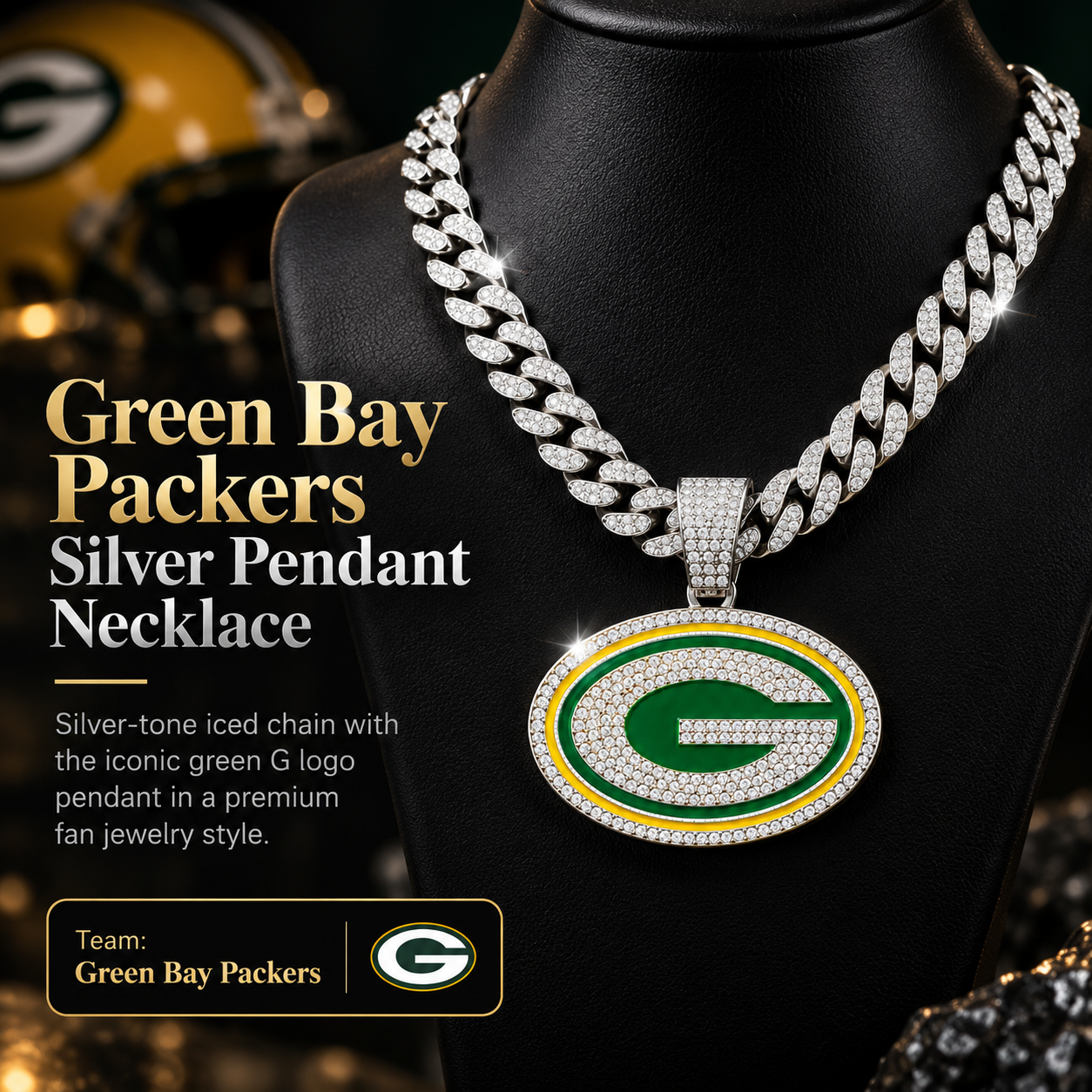 Green Bay Packers Necklace, Gold Iced Cuban Link Chain with Rhinestone Green G Pendant, Football Fan Jewelry