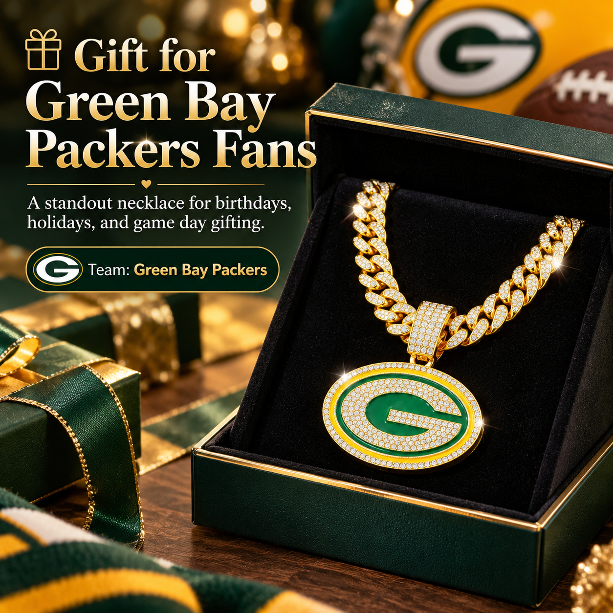 Green Bay Packers Necklace, Gold Iced Cuban Link Chain with Rhinestone Green G Pendant, Football Fan Jewelry