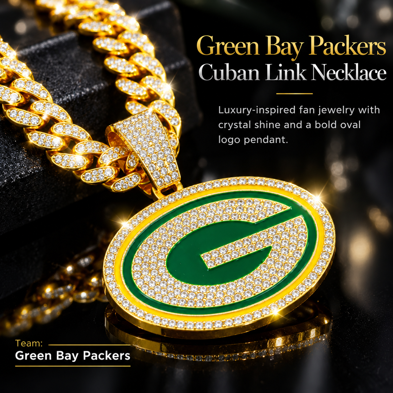 Green Bay Packers Necklace, Gold Iced Cuban Link Chain with Rhinestone Green G Pendant, Football Fan Jewelry