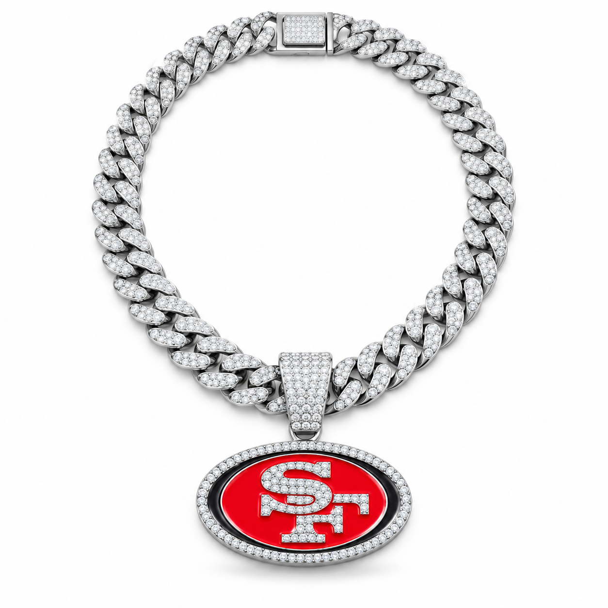 San Francisco 49ers Necklace, Gold Iced Cuban Link Chain with Rhinestone SF Pendant, Football Fan Jewelry