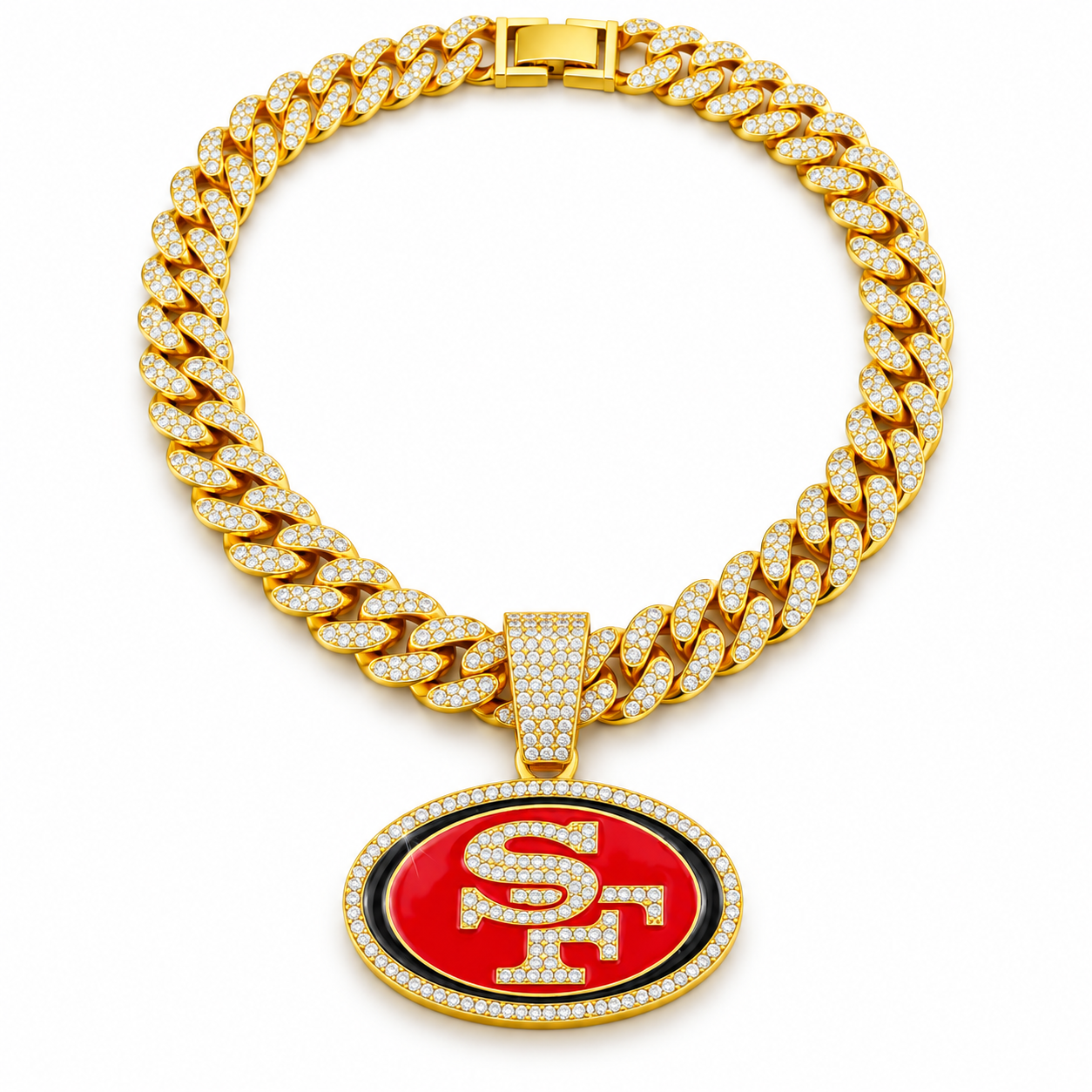 San Francisco 49ers Necklace, Gold Iced Cuban Link Chain with Rhinestone SF Pendant, Football Fan Jewelry